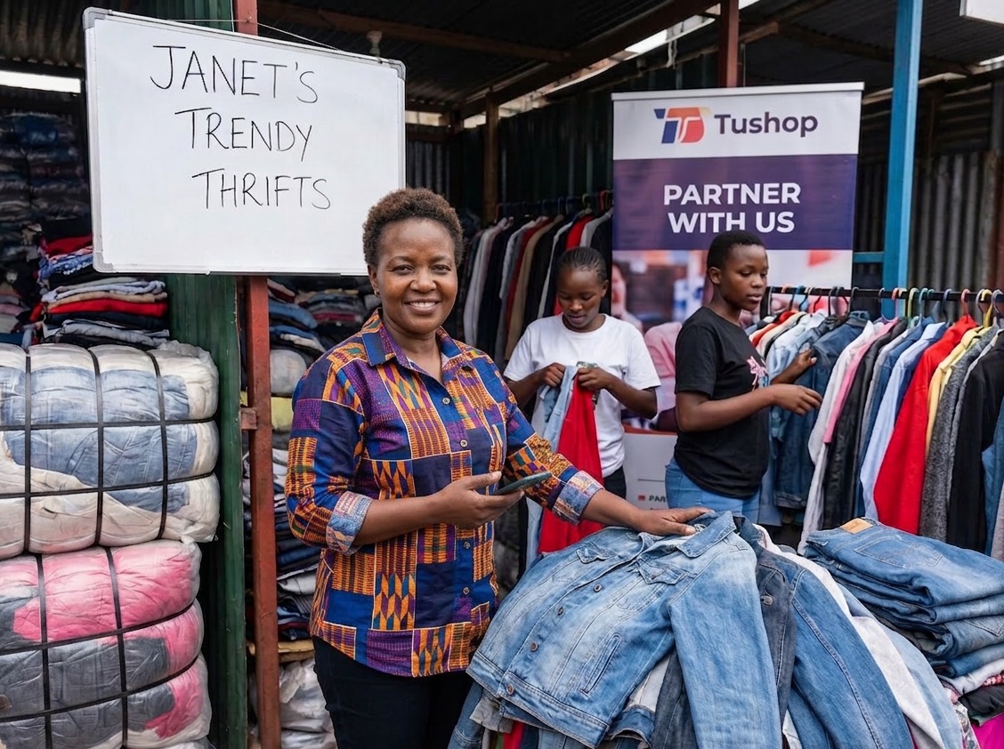 A seller displaying preloved clothing items for sale