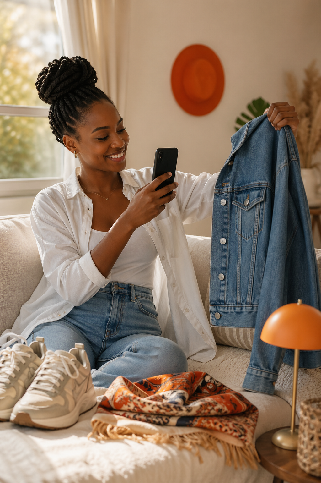 Seller photographing a denim jacket to list for sale on Tushop