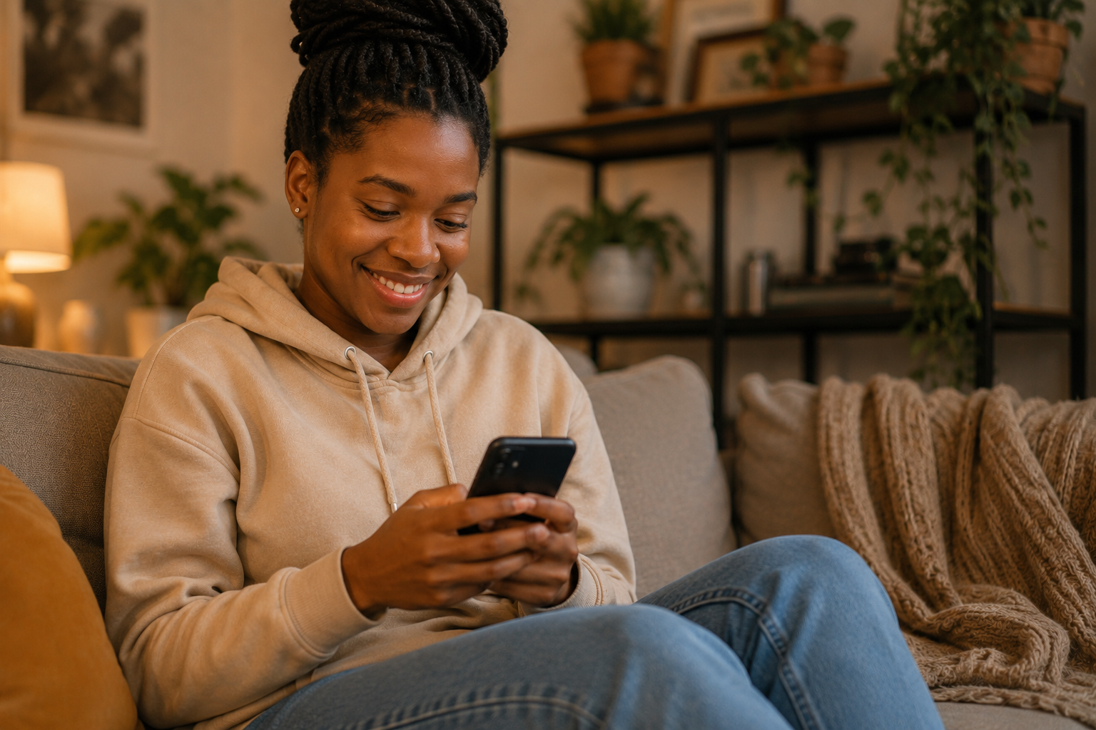 Seller smiling while checking a payment notification on her phone