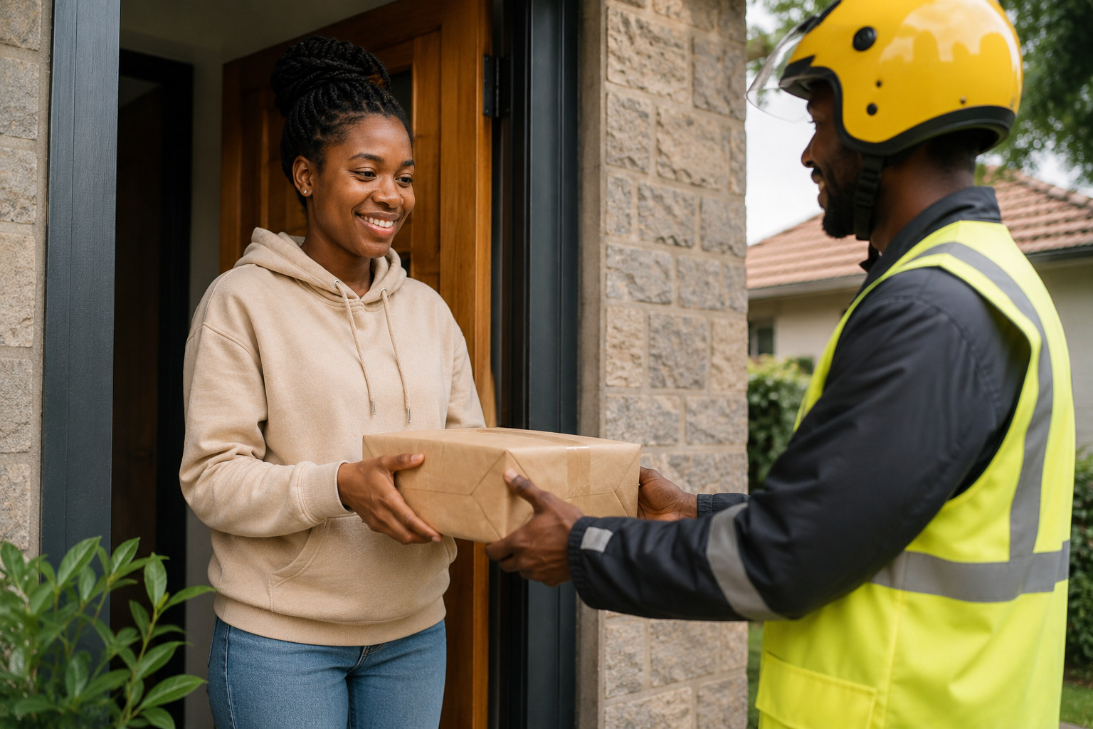 Seller handing a delivery package to a Tushop rider at her front door